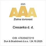 AAA-Zertifikat für goldene Bonitätsauszeichnung für Cresanka d.d. für das Jahr 2025. 